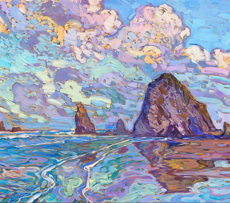 I never get tired of exploring Cannon Beach and Haystack Rock. Every time I'm there, the light and colors are different. This weekend, the weather was forecast to be cloudy all weekend, but instead it was bright and sunny and warm--and perfect weather for taking photo inspirations. This oil painting was created with 24kt gold leaf applied directly to the canvas. The gold leaf peeks out between the brushstrokes, adding a subtle dimension of ever-changing light to the painting.