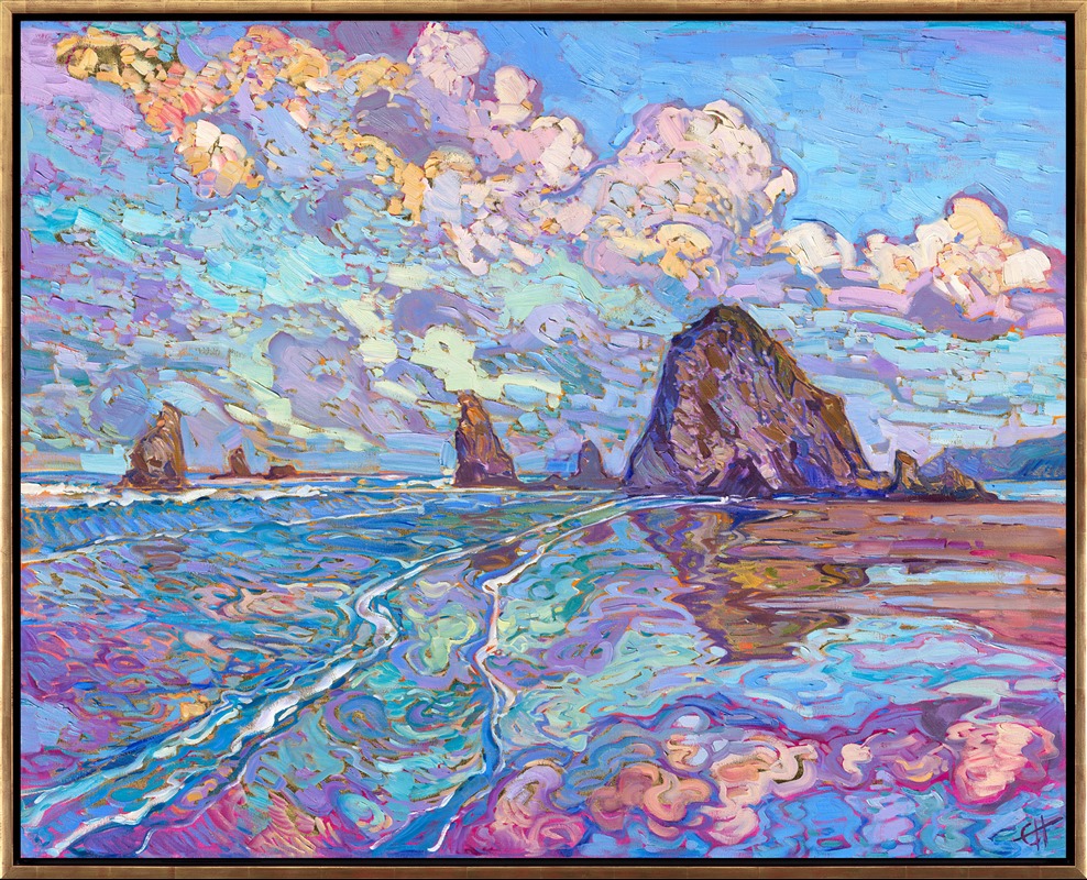 I never get tired of exploring Cannon Beach and Haystack Rock. Every time I'm there, the light and colors are different. This weekend, the weather was forecast to be cloudy all weekend, but instead it was bright and sunny and warm--and perfect weather for taking photo inspirations. This oil painting was created with 24kt gold leaf applied directly to the canvas. The gold leaf peeks out between the brushstrokes, adding a subtle dimension of ever-changing light to the painting.