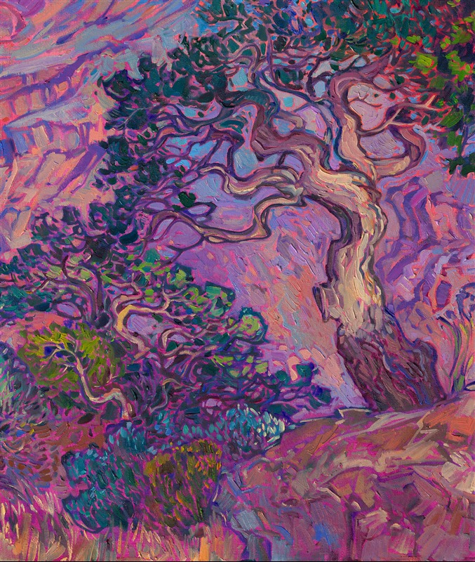 Standing on the edge of the Grand Canyon watching the sunrise is an experience I will never forget. I felt completely immersed in surreal colors, my senses overwhelmed as I tried to take in the whole scene and soak up every changing shade of color. This work captures that surreal moment in a painting that will last forever.