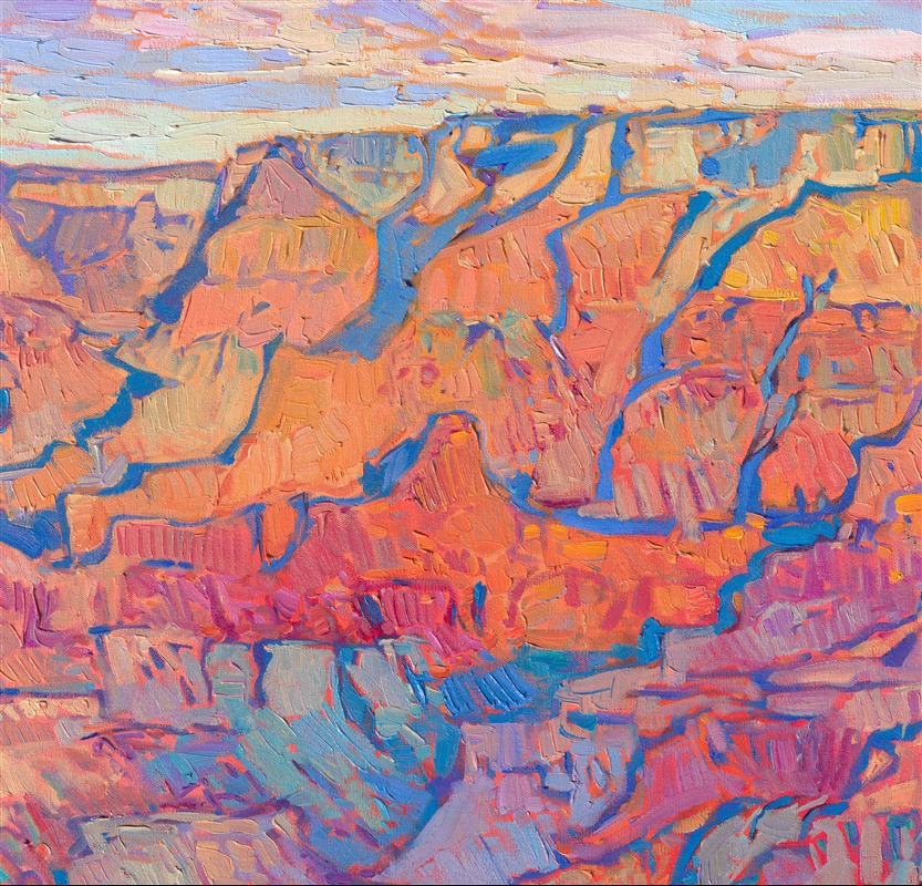 Standing on the edge of the Grand Canyon watching the sunrise is an experience I will never forget. I felt completely immersed in surreal colors, my senses overwhelmed as I tried to take in the whole scene and soak up every changing shade of color. This work captures that surreal moment in a painting that will last forever.