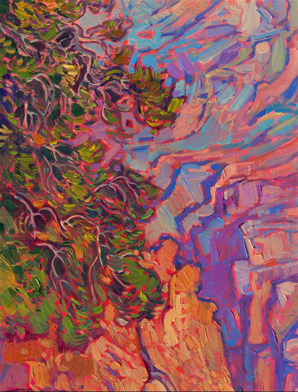 Standing on the edge of the Grand Canyon watching the sunrise is an experience I will never forget. I felt completely immersed in surreal colors, my senses overwhelmed as I tried to take in the whole scene and soak up every changing shade of color. This work captures that surreal moment in a painting that will last forever.