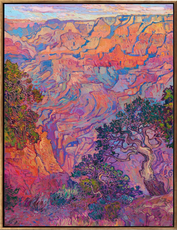 Standing on the edge of the Grand Canyon watching the sunrise is an experience I will never forget. I felt completely immersed in surreal colors, my senses overwhelmed as I tried to take in the whole scene and soak up every changing shade of color. This work captures that surreal moment in a painting that will last forever.