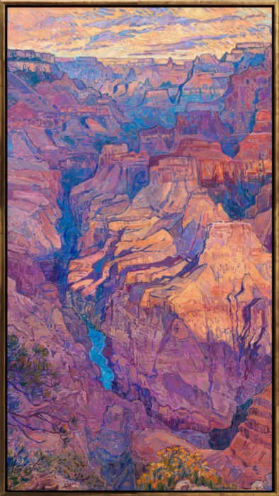 The Grand Canyon is a painter's paradise... every morning and every sunset the canyon looks different. This painting was inspired by an early morning out at Hopi Point. As the clouds moved slowly overhead, the first rays of dawn shot through the cloud layer and illuminated the canyon below in an ever-changing dance of color and light. I used thick, expressive strokes of oil paint to capture the strength and majesty of the vista.</p><p>"Canyon's First Light" will be on display at The Erin Hanson Gallery for <i><a href="https://www.erinhanson.com/Event/colossalcollection2025" target="_blank">The Colossal Collection</i></a> on August 9th, 2025. You are welcome to join us for the Artist's reception! You may purchase this painting in advance, but the piece will not ship until after August 9th.