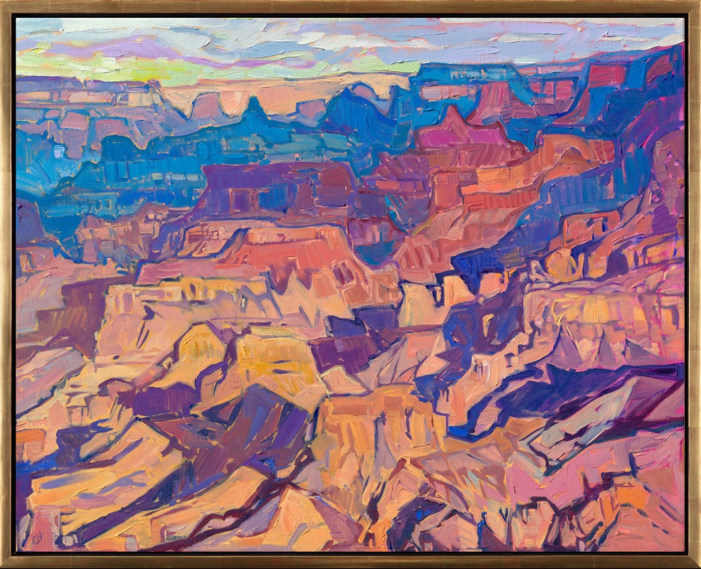 The view from Hopi Point in the Grand Canyon is one of the most beautiful places to see the full layering effect of the canyon. This painting captures dawn light hitting the sandstone cliffs, expressed with loose, impressionistic brushstrokes.