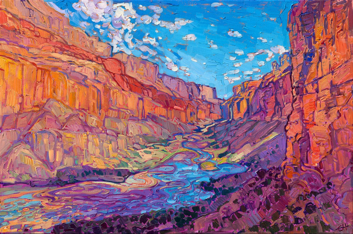 The Grand Canyon is captured in vivid hues of impressionist color, alive with movement and the feeling of freedom one feels standing on the edge of the Grand Canyon.