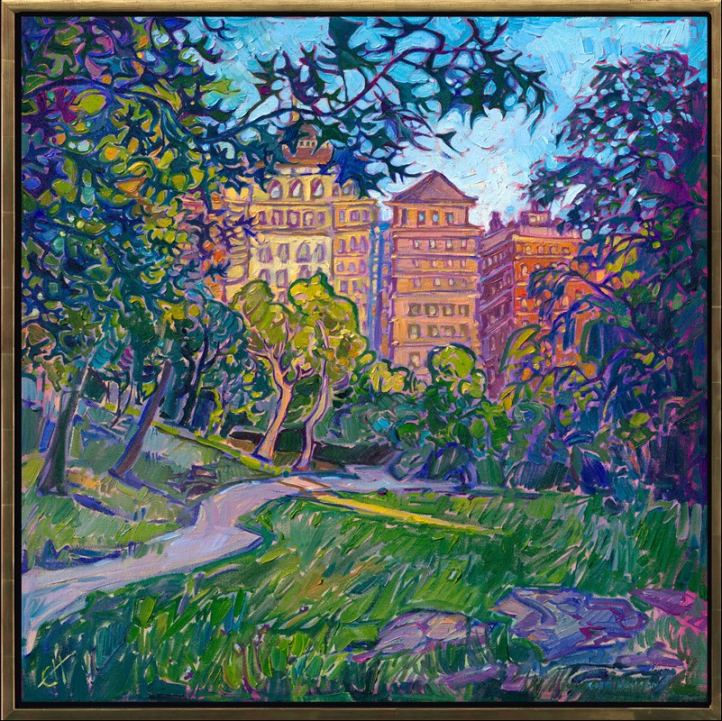 This painting is inspired by my first visit to Central Park in New York. It's truly amazing how much of Manhattan has been partitioned off and dedicated to natural beauty. You know how much I love to paint trees, and I was particularly inspired by the way the warm colors of the buildings (turned rosy in the golden-hour light) peeked out between the pin oaks and maple trees. When I returned home, I created my first-ever cityscapes: a limited series of three paintings inspired by New York City.