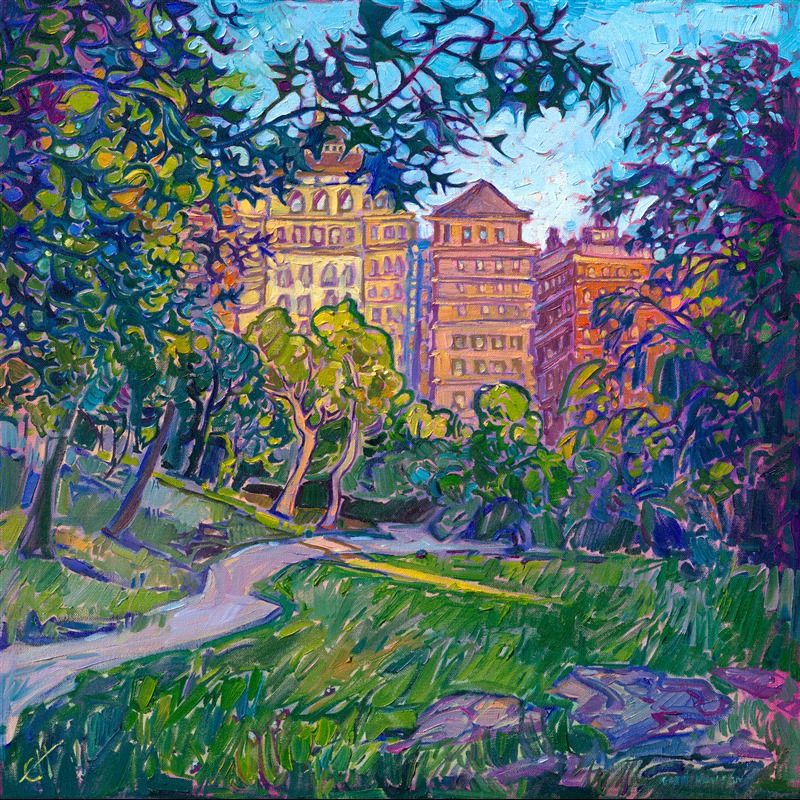 This painting is inspired by my first visit to Central Park in New York. It's truly amazing how much of Manhattan has been partitioned off and dedicated to natural beauty. You know how much I love to paint trees, and I was particularly inspired by the way the warm colors of the buildings (turned rosy in the golden-hour light) peeked out between the pin oaks and maple trees. When I returned home, I created my first-ever cityscapes: a limited series of three paintings inspired by New York City.