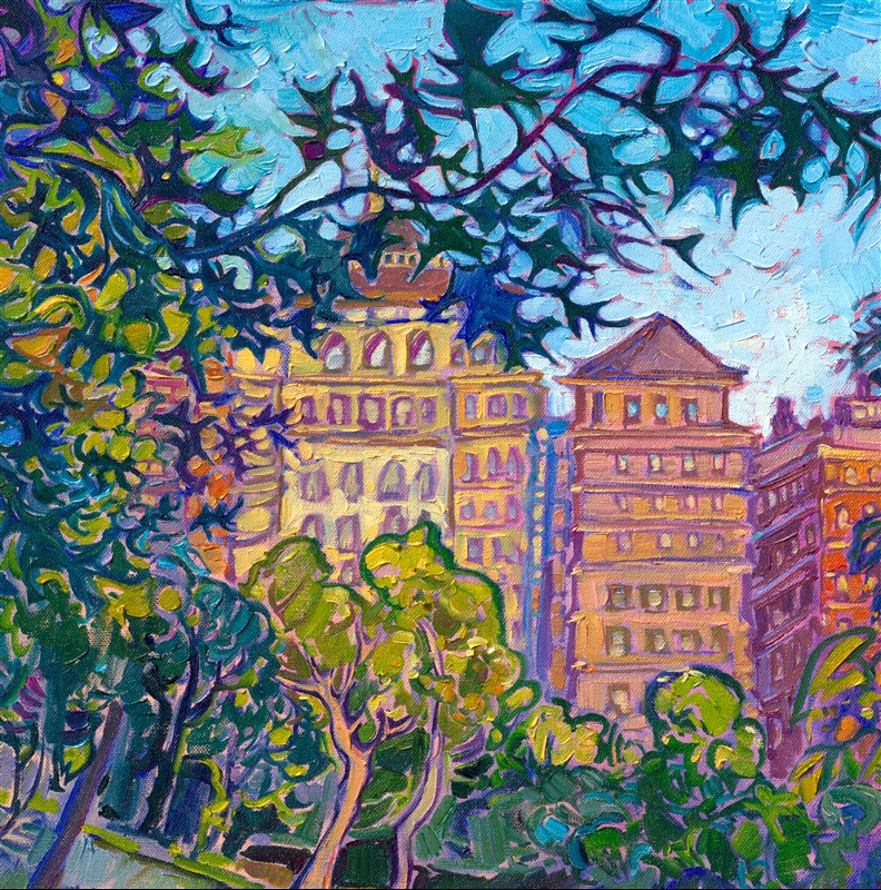 This painting is inspired by my first visit to Central Park in New York. It's truly amazing how much of Manhattan has been partitioned off and dedicated to natural beauty. You know how much I love to paint trees, and I was particularly inspired by the way the warm colors of the buildings (turned rosy in the golden-hour light) peeked out between the pin oaks and maple trees. When I returned home, I created my first-ever cityscapes: a limited series of three paintings inspired by New York City.