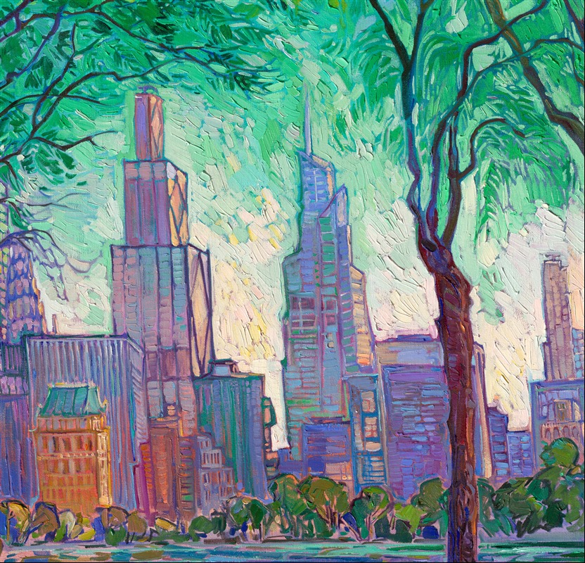 I gather my inspiration from the beauty of the outdoors, and for the first time, this includes a cityscape! This first-ever Open Impressionism cityscape was inspired by my trip to New York City last week. Seeing the city skyline through the trees in Central Park during the magical light of golden hour sent me hunting for my paints and canvas as soon as I returned home to Oregon.</p><p>Thick brushstrokes of oil paint laid side by side capture the beautiful light hitting New York beneath a viridian canopy of early-summer leaves.