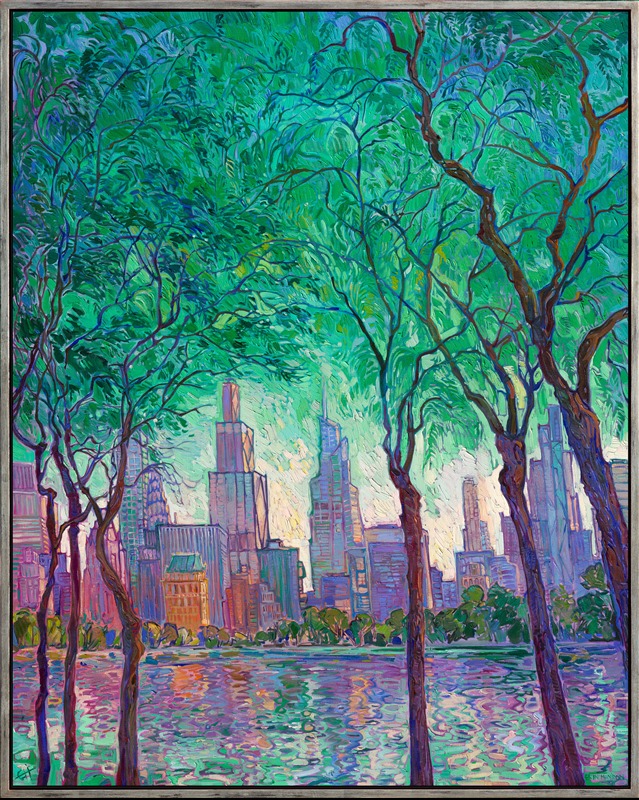 I gather my inspiration from the beauty of the outdoors, and for the first time, this includes a cityscape! This first-ever Open Impressionism cityscape was inspired by my trip to New York City last week. Seeing the city skyline through the trees in Central Park during the magical light of golden hour sent me hunting for my paints and canvas as soon as I returned home to Oregon.</p><p>Thick brushstrokes of oil paint laid side by side capture the beautiful light hitting New York beneath a viridian canopy of early-summer leaves.