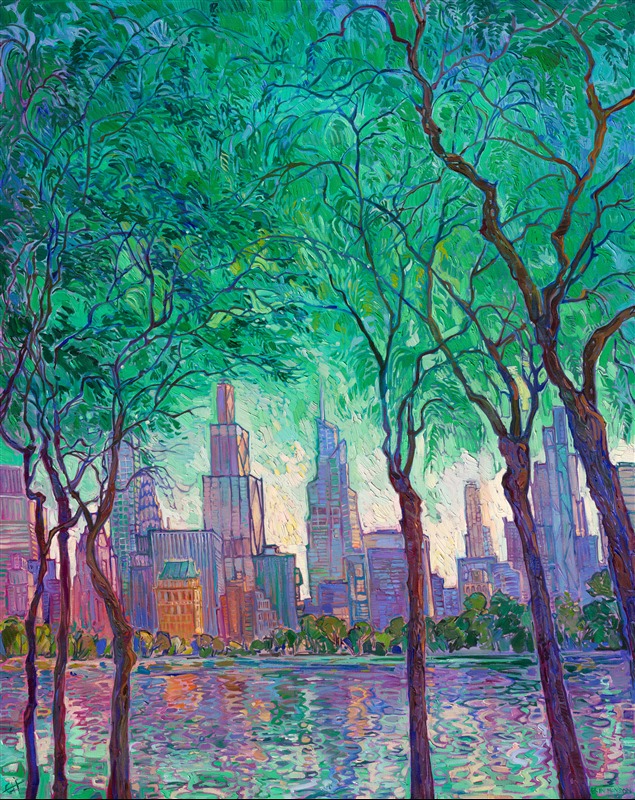I gather my inspiration from the beauty of the outdoors, and for the first time, this includes a cityscape! This first-ever Open Impressionism cityscape was inspired by my trip to New York City last week. Seeing the city skyline through the trees in Central Park during the magical light of golden hour sent me hunting for my paints and canvas as soon as I returned home to Oregon.

Thick brushstrokes of oil paint laid side by side capture the beautiful light hitting New York beneath a viridian canopy of early-summer leaves.