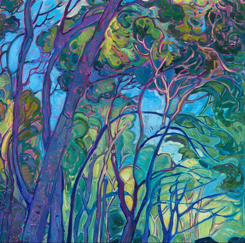 I recently visited Cezanne's hometown of Aix-en-Provence in southern France. I stood where he painted his famous "leaning" mountains (yes, the mountain really does lean!) All around me were immensely tall pine trees that swayed in the wind and caught the late afternoon golden light. I stood enraptured by these trees, taking about a hundred photographs of them, while I wandered around Cezanne's hilltop.</p><p>This painting is a tribute not only to Cezanne but also to David Hockney, who just passed away a few days ago. Hockney loved trees as I do--and when I first began my career as an artist, I was absolutely inspired by Hockney, who was one of the most famous living painters of his time... and he painted trees and landscapes as I did. I also admire how Hockney (and Cézanne) both painted in their own signature styles, creating landscape paintings from their unique perspectives and in ways no one else was doing. </p><p>I hope they appreciate my tribute, wherever they are.