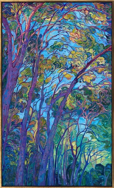 I recently visited Cezanne's hometown of Aix-en-Provence in southern France. I stood where he painted his famous "leaning" mountains (yes, the mountain really does lean!) All around me were immensely tall pine trees that swayed in the wind and caught the late afternoon golden light. I stood enraptured by these trees, taking about a hundred photographs of them, while I wandered around Cezanne's hilltop.</p><p>This painting is a tribute not only to Cezanne but also to David Hockney, who just passed away a few days ago. Hockney loved trees as I do--and when I first began my career as an artist, I was absolutely inspired by Hockney, who was one of the most famous living painters of his time... and he painted trees and landscapes as I did. I also admire how Hockney (and Cézanne) both painted in their own signature styles, creating landscape paintings from their unique perspectives and in ways no one else was doing. </p><p>I hope they appreciate my tribute, wherever they are.