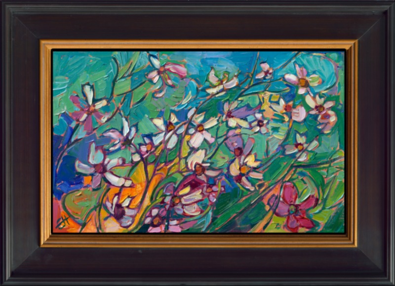 A flurry of cosmo blossoms cascade across the canvas in this abstract impressionist painting by Erin Hanson. Loose, expressive brushstrokes capture the movement and colorful vivacity of the late-summer blooms.