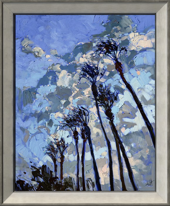 Date palms in the Coachella Valley stretch into a vivid sunset sky, their elegant shapes silhouetted against the darkening sky.  Thick strokes of oil paint bring to life the motion of the outdoors. Erin Hanson's Open Impressionism is full of life and color, capturing the joy of experiencing a sunset in the California desert.</p><p>