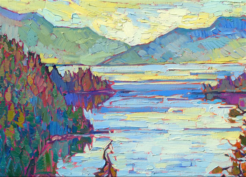 Watching the sun rise over Emerald Bay in Lake Tahoe is worth waking up early to see. The quiet expanse of wilderness stretches as far as the eye can see in every direction. Luminous hues of dawning yellow merge with the bluish greens of the pine-covered mountains. This landscape was painted in thick, expressive brushstrokes of oil paint applied without layering, in Erin Hanson's iconic Open Impressionism style.