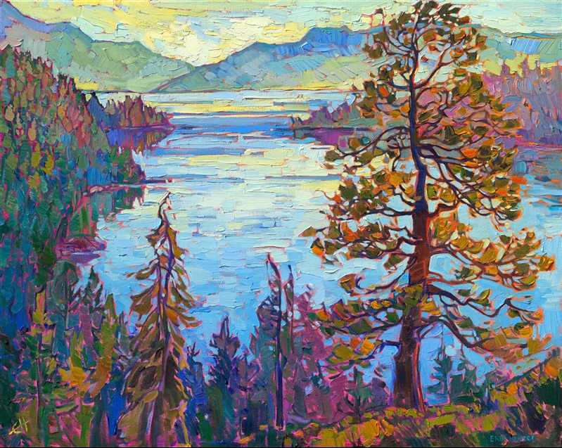 Watching the sun rise over Emerald Bay in Lake Tahoe is worth waking up early to see. The quiet expanse of wilderness stretches as far as the eye can see in every direction. Luminous hues of dawning yellow merge with the bluish greens of the pine-covered mountains. This landscape was painted in thick, expressive brushstrokes of oil paint applied without layering, in Erin Hanson's iconic Open Impressionism style.