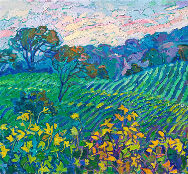 In the springtime, the Willamette Valley's wine country transforms into an idyllic paradise of viridian and emerald. This painting captures the pattern of green vineyards growing near Newberg, Oregon. Thick brush strokes of impasto oil paint placed side by side on the canvas capture the movement and emotion of color.