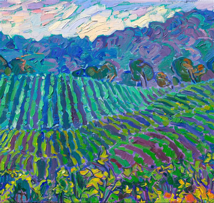 In the springtime, the Willamette Valley's wine country transforms into an idyllic paradise of viridian and emerald. This painting captures the pattern of green vineyards growing near Newberg, Oregon. Thick brush strokes of impasto oil paint placed side by side on the canvas capture the movement and emotion of color.