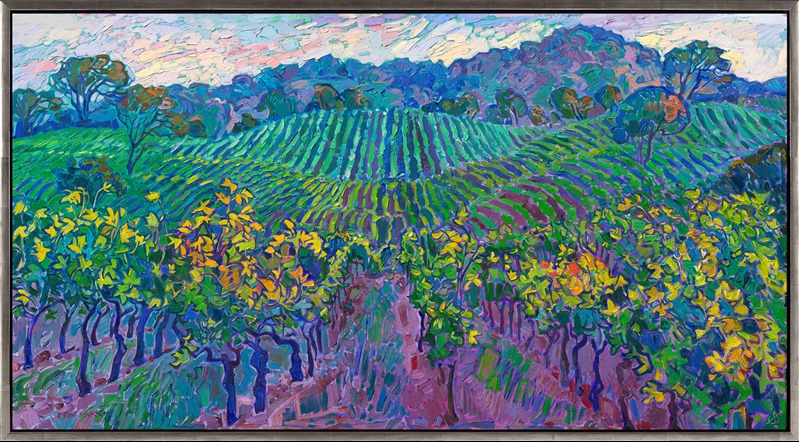 In the springtime, the Willamette Valley's wine country transforms into an idyllic paradise of viridian and emerald. This painting captures the pattern of green vineyards growing near Newberg, Oregon. Thick brush strokes of impasto oil paint placed side by side on the canvas capture the movement and emotion of color.