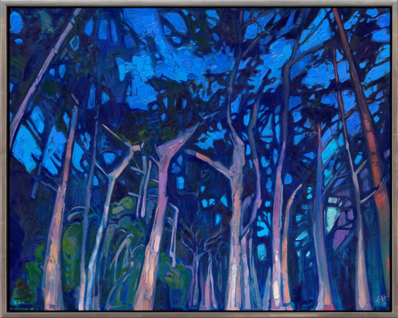 I was driving down 17 Mile Drive in Carmel, on my way to photograph Lone Cypress at sunrise. The sky was lightening to a rich cobalt blue, and my headlights were illuminating the cypress trees in front of me. The effect was very "Maxfield Parrish,"and I couldn't wait to get home to put my brush to the scene.