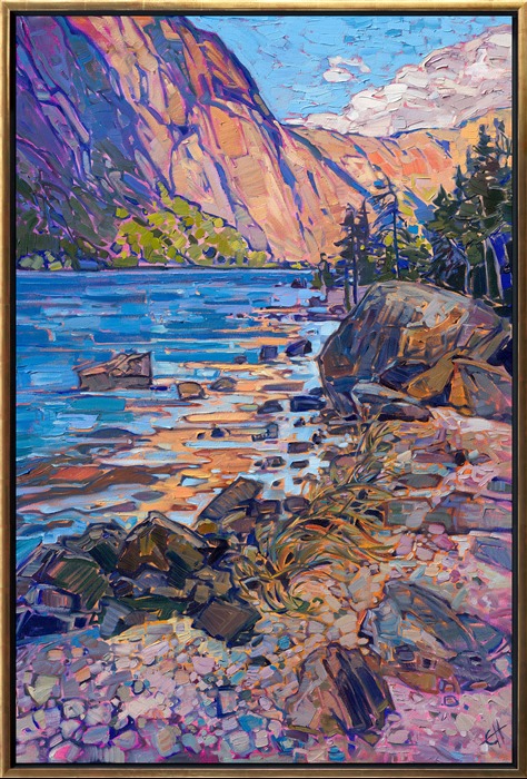 Soft hues of caramel and buttermilk are reflected in the calm waters of a Norwegian fjord. I first saw the potential for this painting while driving along a road that bordered this fjord. I pulled the car over and scrambled down the bank, pushing my way through pine trees and undergrowth. When I got to the water's edge, I saw this perfect composition of curving waters and reflected cliffsides. I captured this scene of the warm light of golden hour with impasto, painterly brush strokes.</p><p>This painting is included in Erin's gallery exhibition, <a href="https://www.erinhanson.com/Event/norwayshow"><i>The Norway Show</i></a>. You may purchase this painting now, and it will be shipped after the show on May 9th, 2026. 