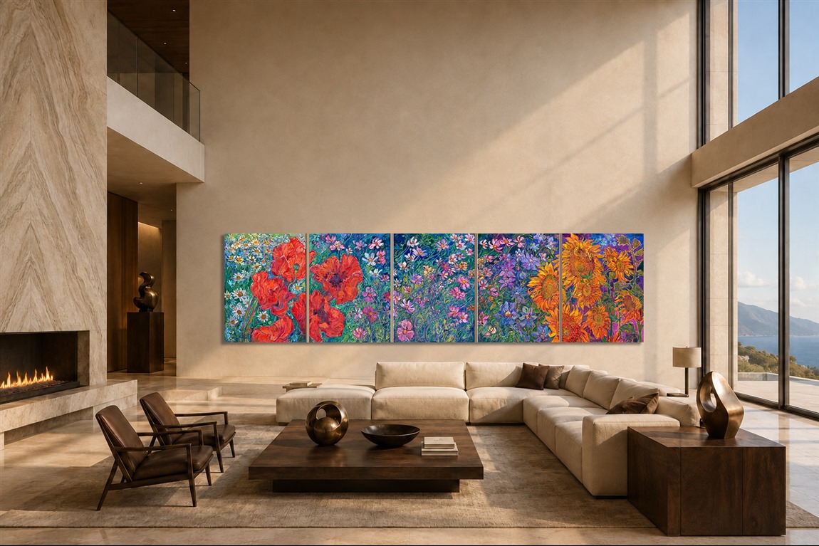 Nature's most beautiful colors are captured in a five-panel floralscape in Erin's Open Impressionism style. Thick brushstrokes of oil paint capture the vivacity and movement of these flowers. Large red corn poppies in front of Shasta daisies draw the eye in from the left, and the movement of white and pink cosmos bring the eye to the purple-blue clematis that contrast with the sunflowers on the right-hand side. Genuine, 24 karat gold leaf peeks out between the flower petals, subtly glinting and changing in the light.</p><p>The painting is designed to be hung with each panel spaced about 1.5 inches apart.</p><p>"Floralscapes in Gold" will be on display for <a href="https://www.erinhanson.com/Event/goldleafcollection2026"><i>The Gold Leaf Show</i></a> at The Erin Hanson Gallery in McMinnville, Oregon. All are invited to the artist reception on Saturday, November 21st, 2026. (You may purchase the painting now, but it will ship after the exhibition on November 21st.)