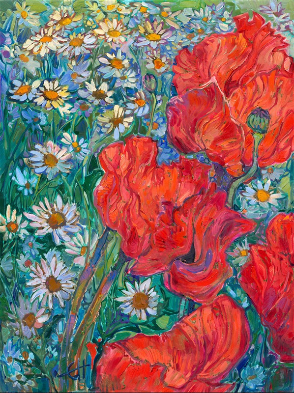 Nature's most beautiful colors are captured in a five-panel floralscape in Erin's Open Impressionism style. Thick brushstrokes of oil paint capture the vivacity and movement of these flowers. Large red corn poppies in front of Shasta daisies draw the eye in from the left, and the movement of white and pink cosmos bring the eye to the purple-blue clematis that contrast with the sunflowers on the right-hand side. Genuine, 24 karat gold leaf peeks out between the flower petals, subtly glinting and changing in the light.</p><p>The painting is designed to be hung with each panel spaced about 1.5 inches apart.</p><p>"Floralscapes in Gold" will be on display for <a href="https://www.erinhanson.com/Event/goldleafcollection2026"><i>The Gold Leaf Show</i></a> at The Erin Hanson Gallery in McMinnville, Oregon. All are invited to the artist reception on Saturday, November 21st, 2026. (You may purchase the painting now, but it will ship after the exhibition on November 21st.)