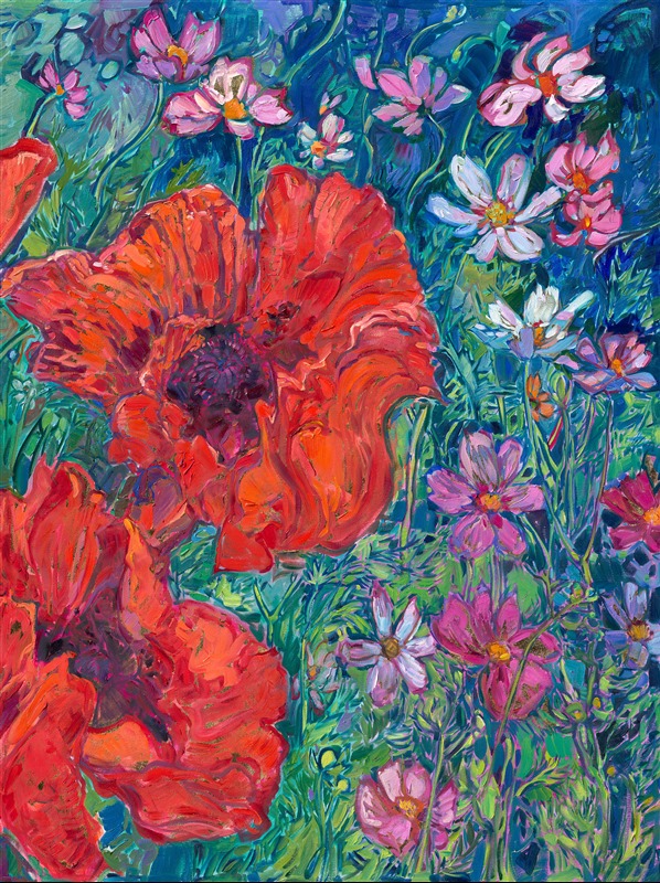 Nature's most beautiful colors are captured in a five-panel floralscape in Erin's Open Impressionism style. Thick brushstrokes of oil paint capture the vivacity and movement of these flowers. Large red corn poppies in front of Shasta daisies draw the eye in from the left, and the movement of white and pink cosmos bring the eye to the purple-blue clematis that contrast with the sunflowers on the right-hand side. Genuine, 24 karat gold leaf peeks out between the flower petals, subtly glinting and changing in the light.</p><p>The painting is designed to be hung with each panel spaced about 1.5 inches apart.</p><p>"Floralscapes in Gold" will be on display for <a href="https://www.erinhanson.com/Event/goldleafcollection2026"><i>The Gold Leaf Show</i></a> at The Erin Hanson Gallery in McMinnville, Oregon. All are invited to the artist reception on Saturday, November 21st, 2026. (You may purchase the painting now, but it will ship after the exhibition on November 21st.)