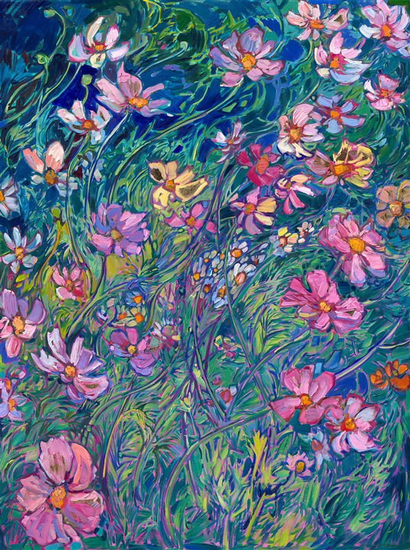 Nature's most beautiful colors are captured in a five-panel floralscape in Erin's Open Impressionism style. Thick brushstrokes of oil paint capture the vivacity and movement of these flowers. Large red corn poppies in front of Shasta daisies draw the eye in from the left, and the movement of white and pink cosmos bring the eye to the purple-blue clematis that contrast with the sunflowers on the right-hand side. Genuine, 24 karat gold leaf peeks out between the flower petals, subtly glinting and changing in the light.</p><p>The painting is designed to be hung with each panel spaced about 1.5 inches apart.</p><p>"Floralscapes in Gold" will be on display for <a href="https://www.erinhanson.com/Event/goldleafcollection2026"><i>The Gold Leaf Show</i></a> at The Erin Hanson Gallery in McMinnville, Oregon. All are invited to the artist reception on Saturday, November 21st, 2026. (You may purchase the painting now, but it will ship after the exhibition on November 21st.)