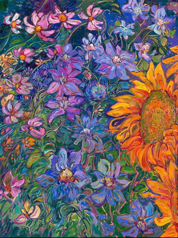 Nature's most beautiful colors are captured in a five-panel floralscape in Erin's Open Impressionism style. Thick brushstrokes of oil paint capture the vivacity and movement of these flowers. Large red corn poppies in front of Shasta daisies draw the eye in from the left, and the movement of white and pink cosmos bring the eye to the purple-blue clematis that contrast with the sunflowers on the right-hand side. Genuine, 24 karat gold leaf peeks out between the flower petals, subtly glinting and changing in the light.</p><p>The painting is designed to be hung with each panel spaced about 1.5 inches apart.</p><p>"Floralscapes in Gold" will be on display for <a href="https://www.erinhanson.com/Event/goldleafcollection2026"><i>The Gold Leaf Show</i></a> at The Erin Hanson Gallery in McMinnville, Oregon. All are invited to the artist reception on Saturday, November 21st, 2026. (You may purchase the painting now, but it will ship after the exhibition on November 21st.)