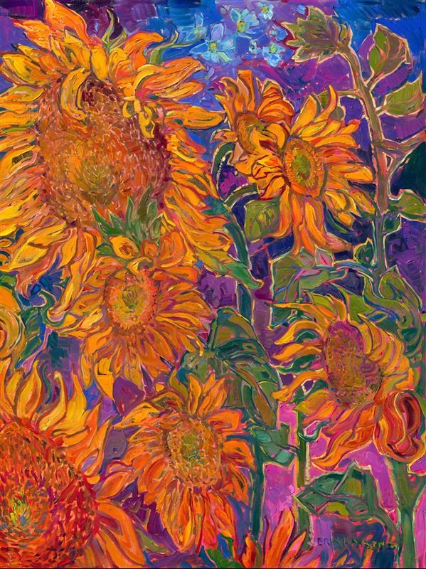 Nature's most beautiful colors are captured in a five-panel floralscape in Erin's Open Impressionism style. Thick brushstrokes of oil paint capture the vivacity and movement of these flowers. Large red corn poppies in front of Shasta daisies draw the eye in from the left, and the movement of white and pink cosmos bring the eye to the purple-blue clematis that contrast with the sunflowers on the right-hand side. Genuine, 24 karat gold leaf peeks out between the flower petals, subtly glinting and changing in the light.</p><p>The painting is designed to be hung with each panel spaced about 1.5 inches apart.</p><p>"Floralscapes in Gold" will be on display for <a href="https://www.erinhanson.com/Event/goldleafcollection2026"><i>The Gold Leaf Show</i></a> at The Erin Hanson Gallery in McMinnville, Oregon. All are invited to the artist reception on Saturday, November 21st, 2026. (You may purchase the painting now, but it will ship after the exhibition on November 21st.)