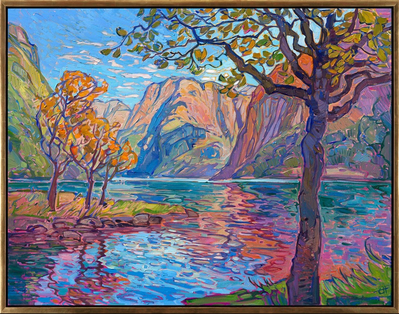 My trip last year to Norway has made me look at color and reflections in a whole new light. The deepening effects of the atmosophere as overlapping fjords receed into the distance was a source of endless inspiration for me. This painting captures a view of Geirangerfjord, one of Norway's most popular fjords.</p><p>This painting is included in The Erin Hanson Gallery exhibition, <a href="https://www.erinhanson.com/Event/norwayshow"><i>The Norway Show</i></a>. You may purchase this painting now, and it will be shipped after the show on May 9th, 2026. 