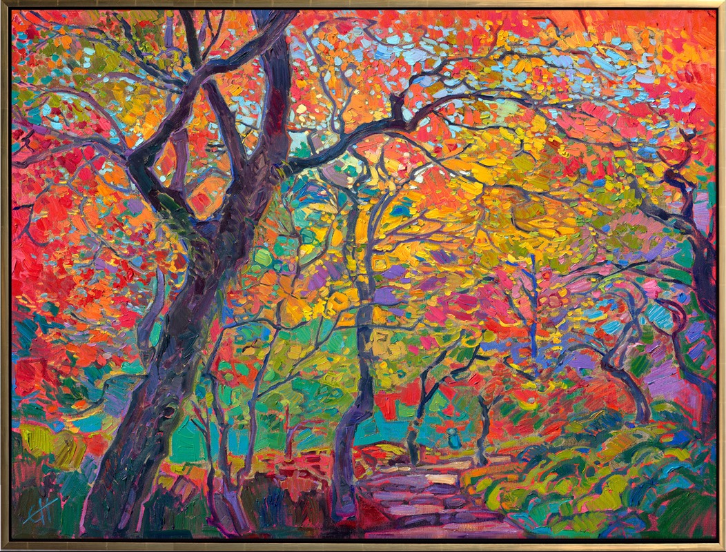 24 karat gold leaf peeks between the brushstrokes in this oil painting of Kyoto maple trees. I love how the yellow and red foliage looks against the nearby blue and purple mountains. Each impasto brushstroke is fresh and painterly, capturing the emotional feeling of walking through a garden at peak fall color.</p><p>"Gilded Autumn" will be on display for <a href="https://www.erinhanson.com/Event/goldleafcollection2026"><i>The Gold Leaf Show</i></a> at The Erin Hanson Gallery in McMinnville, Oregon. All are invited to the artist reception on Saturday, November 21st, 2026. (You may purchase the painting now, but it will ship after the exhibition on November 21st.)