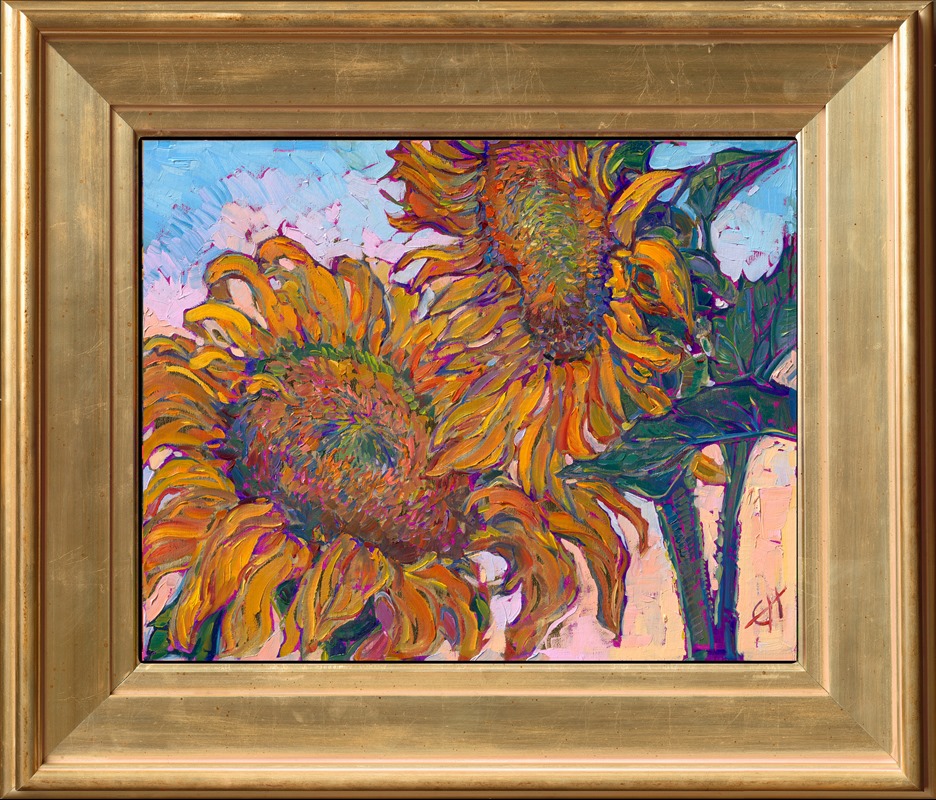 Impressionistic brushstrokes capture the colorful vivacity of sunflowers in this painting inspired by a flower field in Oregon's Willamette Valley. This oil painting was painted with 24kt gold leaf, which glints and catches the light.