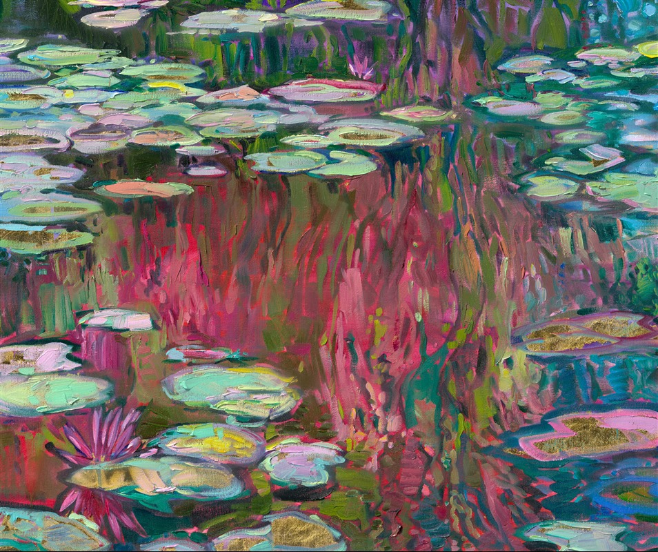Monet's water lilies in Giverny are reimagined in Erin Hanson's iconic Open Impressionism style. This painting has an extra layer of light—the oil painting was created on 24kt gold leaf, applied directly over the underpainting. The gold leaf glints subtly behind the strokes of oil paint, catching the light and giving the illusion of moving water.