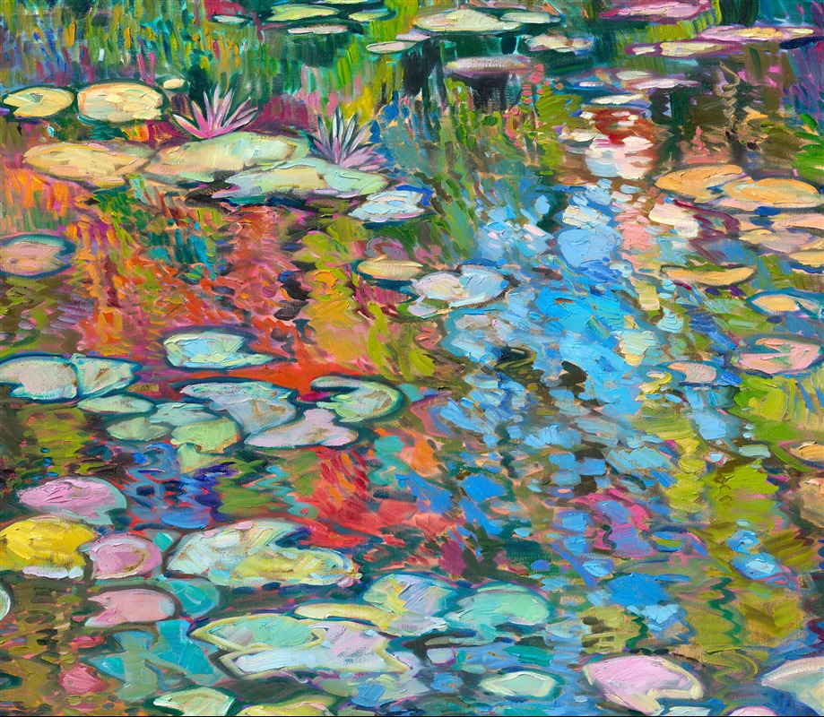Monet's water lilies in Giverny are reimagined in Erin Hanson's iconic Open Impressionism style. This painting has an extra layer of light—the oil painting was created on 24kt gold leaf, applied directly over the underpainting. The gold leaf glints subtly behind the strokes of oil paint, catching the light and giving the illusion of moving water.