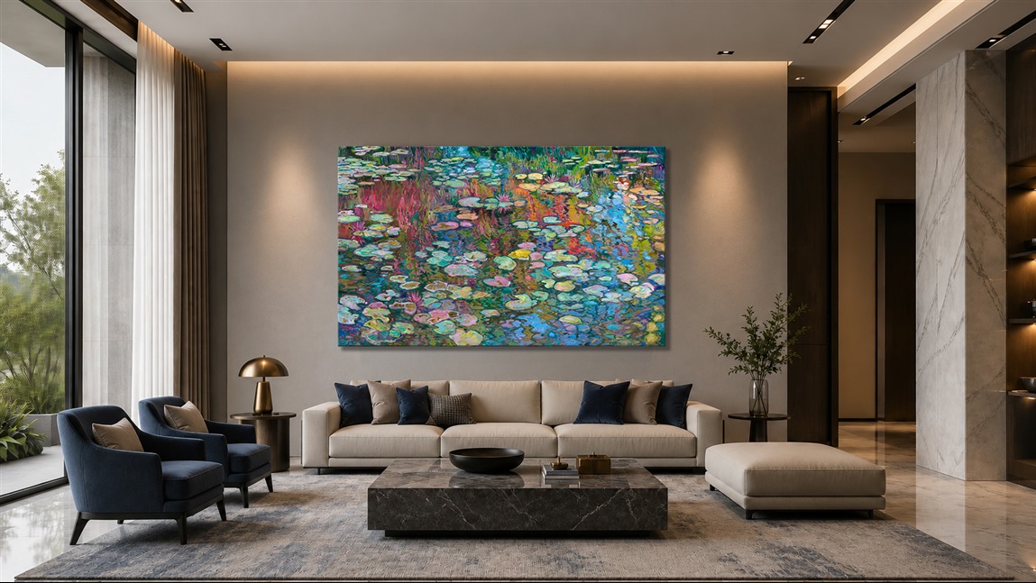 Monet's water lilies in Giverny are reimagined in Erin Hanson's iconic Open Impressionism style. This painting has an extra layer of light—the oil painting was created on 24kt gold leaf, applied directly over the underpainting. The gold leaf glints subtly behind the strokes of oil paint, catching the light and giving the illusion of moving water.