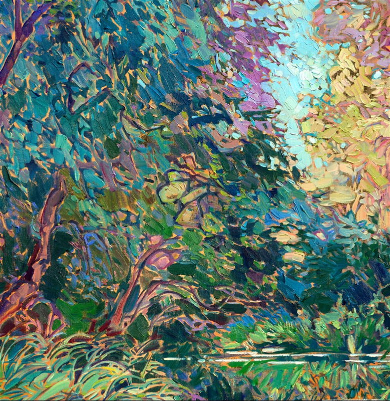 This painting was inspired by a canoe trip down a slow-moving creek in Oregon's Willamette Valley. Tall, overhanging trees lined the banks, enclosing the creek and enveloping it in total silence. The water was so still I could see the reflections of the surrounding trees almost mirror-clear in the water. The only thing that disturbed the water's surface was the occasional fish gulping at a bug. While I was painting this work, I felt completely enveloped in the silence and quiet peacefulness of this memory.</p><p>I painted this oil painting over 24-karat gold leaf applied directly to the canvas. The gold leaf peeks out between the brushstrokes of the painting, glinting subtly in the changing light, evoking the feel of real water.</p><p>"Floralscapes in Gold" will be on display for <a href="https://www.erinhanson.com/Event/goldleafcollection2026"><i>The Gold Leaf Show</i></a> at The Erin Hanson Gallery in McMinnville, Oregon. All are invited to the artist reception on Saturday, November 21st, 2026. (You may purchase the painting now, but it will ship after the exhibition on November 21st.)