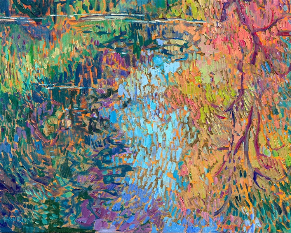 This painting was inspired by a canoe trip down a slow-moving creek in Oregon's Willamette Valley. Tall, overhanging trees lined the banks, enclosing the creek and enveloping it in total silence. The water was so still I could see the reflections of the surrounding trees almost mirror-clear in the water. The only thing that disturbed the water's surface was the occasional fish gulping at a bug. While I was painting this work, I felt completely enveloped in the silence and quiet peacefulness of this memory.</p><p>I painted this oil painting over 24-karat gold leaf applied directly to the canvas. The gold leaf peeks out between the brushstrokes of the painting, glinting subtly in the changing light, evoking the feel of real water.</p><p>"Floralscapes in Gold" will be on display for <a href="https://www.erinhanson.com/Event/goldleafcollection2026"><i>The Gold Leaf Show</i></a> at The Erin Hanson Gallery in McMinnville, Oregon. All are invited to the artist reception on Saturday, November 21st, 2026. (You may purchase the painting now, but it will ship after the exhibition on November 21st.)
