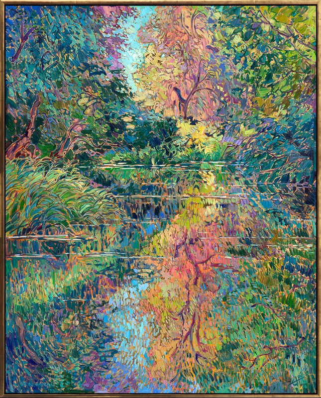 This painting was inspired by a canoe trip down a slow-moving creek in Oregon's Willamette Valley. Tall, overhanging trees lined the banks, enclosing the creek and enveloping it in total silence. The water was so still I could see the reflections of the surrounding trees almost mirror-clear in the water. The only thing that disturbed the water's surface was the occasional fish gulping at a bug. While I was painting this work, I felt completely enveloped in the silence and quiet peacefulness of this memory.</p><p>I painted this oil painting over 24-karat gold leaf applied directly to the canvas. The gold leaf peeks out between the brushstrokes of the painting, glinting subtly in the changing light, evoking the feel of real water.</p><p>"Floralscapes in Gold" will be on display for <a href="https://www.erinhanson.com/Event/goldleafcollection2026"><i>The Gold Leaf Show</i></a> at The Erin Hanson Gallery in McMinnville, Oregon. All are invited to the artist reception on Saturday, November 21st, 2026. (You may purchase the painting now, but it will ship after the exhibition on November 21st.)