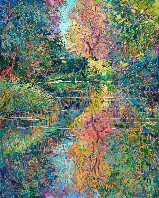This painting was inspired by a canoe trip down a slow-moving creek in Oregon's Willamette Valley. Tall, overhanging trees lined the banks, enclosing the creek and enveloping it in total silence. The water was so still I could see the reflections of the surrounding trees almost mirror-clear in the water. The only thing that disturbed the water's surface was the occasional fish gulping at a bug. While I was painting this work, I felt completely enveloped in the silence and quiet peacefulness of this memory.

I painted this oil painting over 24-karat gold leaf applied directly to the canvas. The gold leaf peeks out between the brushstrokes of the painting, glinting subtly in the changing light, evoking the feel of real water.

"Floralscapes in Gold" will be on display for <a href="https://www.erinhanson.com/Event/goldleafcollection2026"><i>The Gold Leaf Show</i></a> at The Erin Hanson Gallery in McMinnville, Oregon. All are invited to the artist reception on Saturday, November 21st, 2026. (You may purchase the painting now, but it will ship after the exhibition on November 21st.)