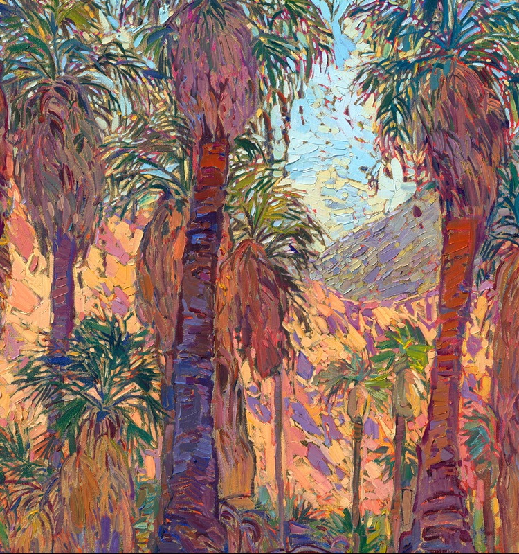 This painting was inspired by Indian Canyon Palm Oasis in Palm Springs, California. When I began painting my Gold Leaf Show, I knew I had to include a desert oasis landscape in the collection. Painting on 24kt gold leaf adds a layer of reflected light and makes the colors more intense. Instead of seeing the underpainting peeking through between the brushstrokes, you see glints of gold leaf. This paintings captures all the warmth and surprising color of the desert.</p><p>"Golden Dawn Oasis" will be on display for <a href="https://www.erinhanson.com/Event/goldleafcollection2026"><i>The Gold Leaf Show</i></a> at The Erin Hanson Gallery in McMinnville, Oregon. All are invited to the artist reception on Saturday, November 21st, 2026. (You may purchase the painting now, but it will ship after the exhibition on November 21st.)