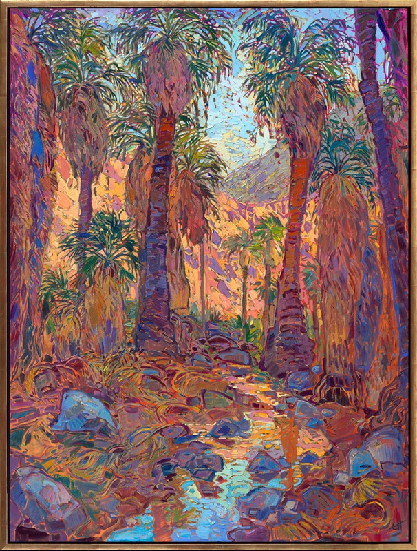 This painting was inspired by Indian Canyon Palm Oasis in Palm Springs, California. When I began painting my Gold Leaf Show, I knew I had to include a desert oasis landscape in the collection. Painting on 24kt gold leaf adds a layer of reflected light and makes the colors more intense. Instead of seeing the underpainting peeking through between the brushstrokes, you see glints of gold leaf. This paintings captures all the warmth and surprising color of the desert.</p><p>"Golden Dawn Oasis" will be on display for <a href="https://www.erinhanson.com/Event/goldleafcollection2026"><i>The Gold Leaf Show</i></a> at The Erin Hanson Gallery in McMinnville, Oregon. All are invited to the artist reception on Saturday, November 21st, 2026. (You may purchase the painting now, but it will ship after the exhibition on November 21st.)