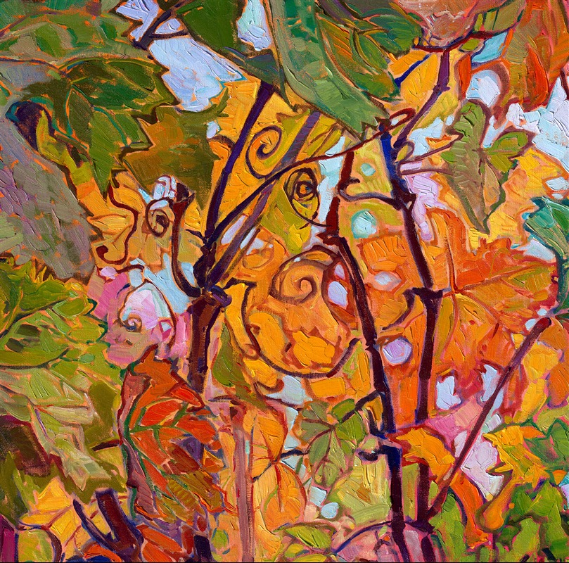 Harvest colors in Oregon wine country are a mix of orange, purple, and gold. This painting was inspired by this year's fall colors in Domaine Serene's vineyards in Oregon's Willamette Valley. Thick brushstrokes of oil paint laid side-by-side create a stained-glass effect of golden hour light coming through the leaves.