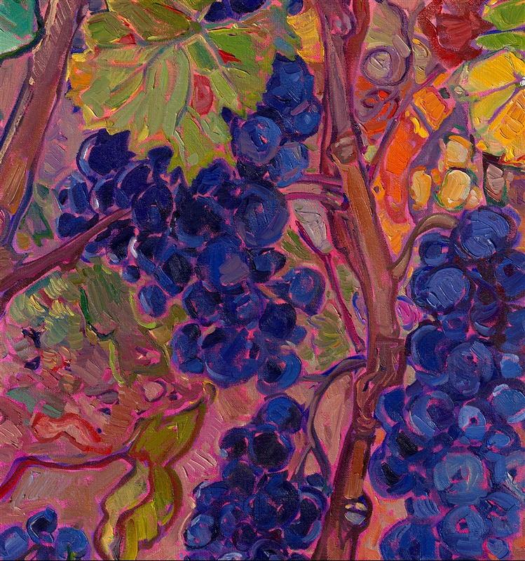 Harvest colors in Oregon wine country are a mix of orange, purple, and gold. This painting was inspired by this year's fall colors in Domaine Serene's vineyards in Oregon's Willamette Valley. Thick brushstrokes of oil paint laid side-by-side create a stained-glass effect of golden hour light coming through the leaves.