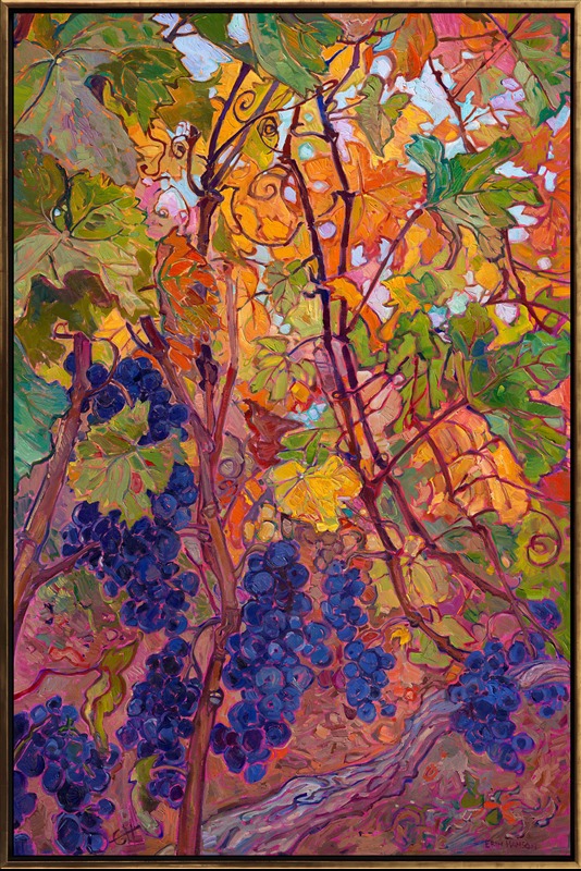 Harvest colors in Oregon wine country are a mix of orange, purple, and gold. This painting was inspired by this year's fall colors in Domaine Serene's vineyards in Oregon's Willamette Valley. Thick brushstrokes of oil paint laid side-by-side create a stained-glass effect of golden hour light coming through the leaves.