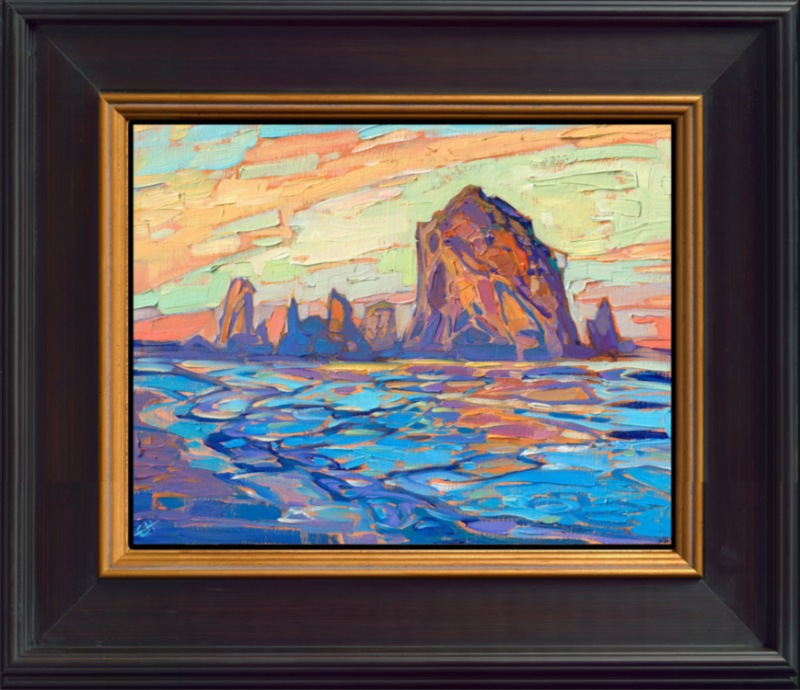 Haystack Rock in Cannon Beach, Oregon, is captured in thick, painterly brush strokes on a petite canvas. The small painting captures the drama of the scene with wide, expressive strokes of color and texture.</p><p>This painting is being sold on consignment.</p><p>"Haystack Light" is an original oil painting on linen board. The piece arrives framed in a black and gold plein air frame, ready to hang.