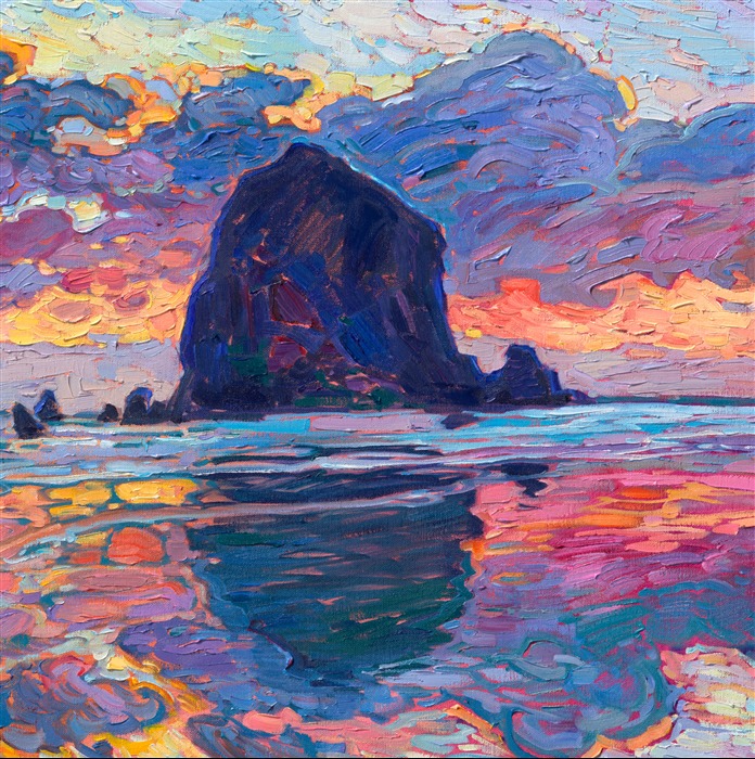 The iconic Haystack Rock at Cannon Beach is captured in vivid hues of ultramarine and apricot. Thick brushstrokes of impasto oil paint add dimension and movement to the piece. This painting was created in Erin Hanson's iconic Open Impressionism style.