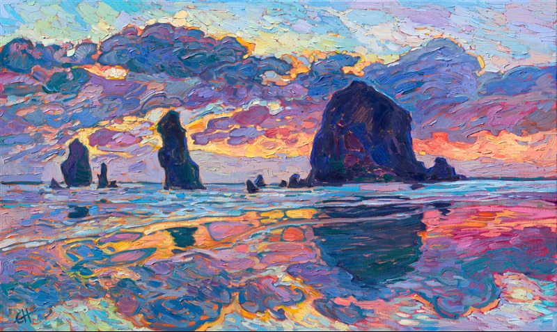 The iconic Haystack Rock at Cannon Beach is captured in vivid hues of ultramarine and apricot. Thick brushstrokes of impasto oil paint add dimension and movement to the piece. This painting was created in Erin Hanson's iconic Open Impressionism style.